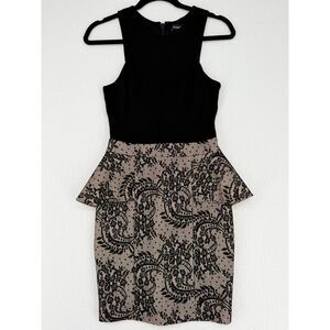 Bebe Black Gold Lace Dress Womens S Baroque Metallic Peplum Bodycon Sheath Party